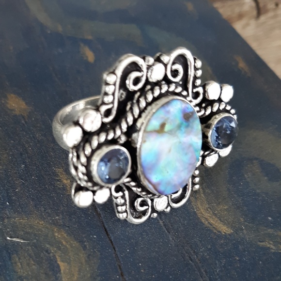 New Amazing Abalone Shell and Blue Quartz 925 Silver Ring. - Picture 5 of 8